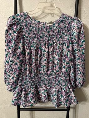 Pleione Floral Purple Green White Smocked Peplum Quarter Sleeve Blouse Medium